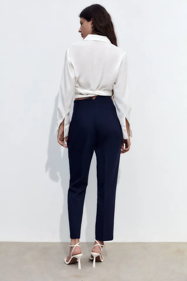NWT ZARA High Waisted Belted Pants Dusty Blue M