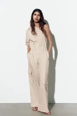 ZARA NWT WOMAN STRAPLESS CARGO JUMPSUIT BEIGE 3152/311 SIZE M