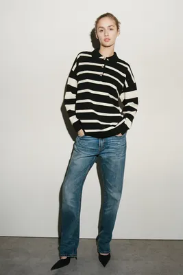 STRIPED KNIT POLO SWEATER