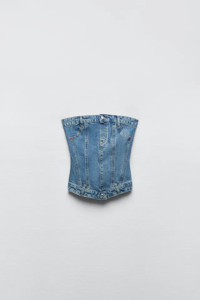 NWT Zara Denim Corset Top  Denim crop top outfit, Denim crop top