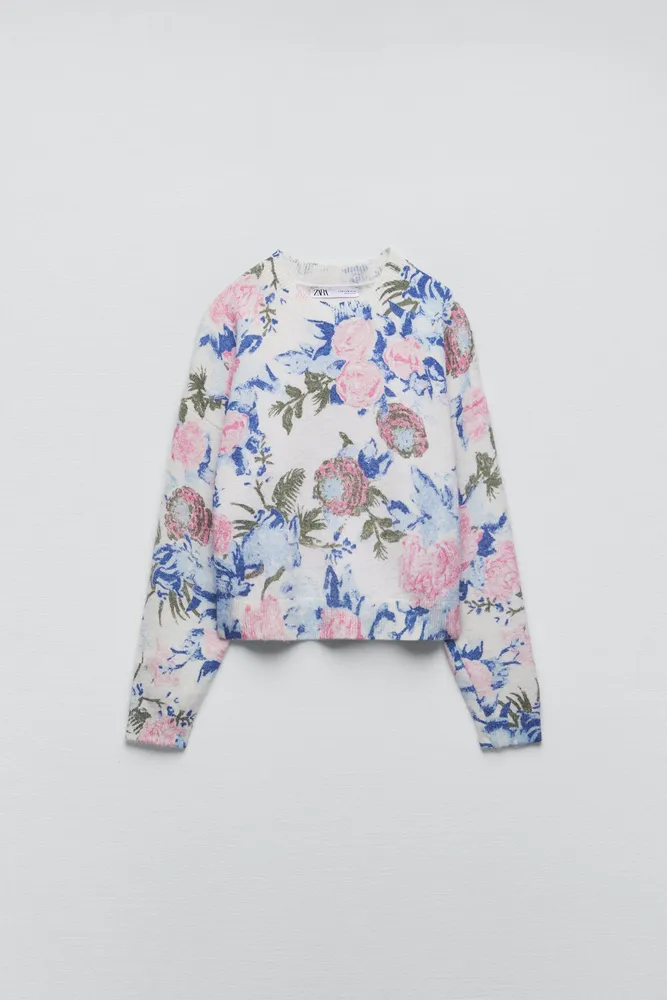 Zara FLORAL JACQUARD KNIT SWEATER