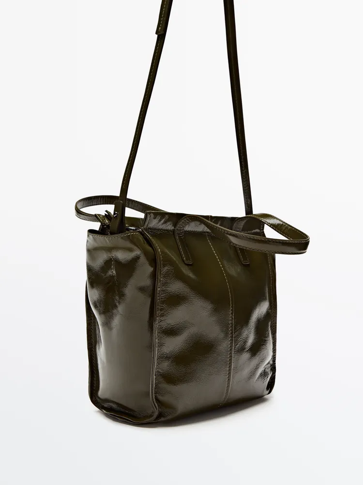Mini leather tote bag with a crackled finish