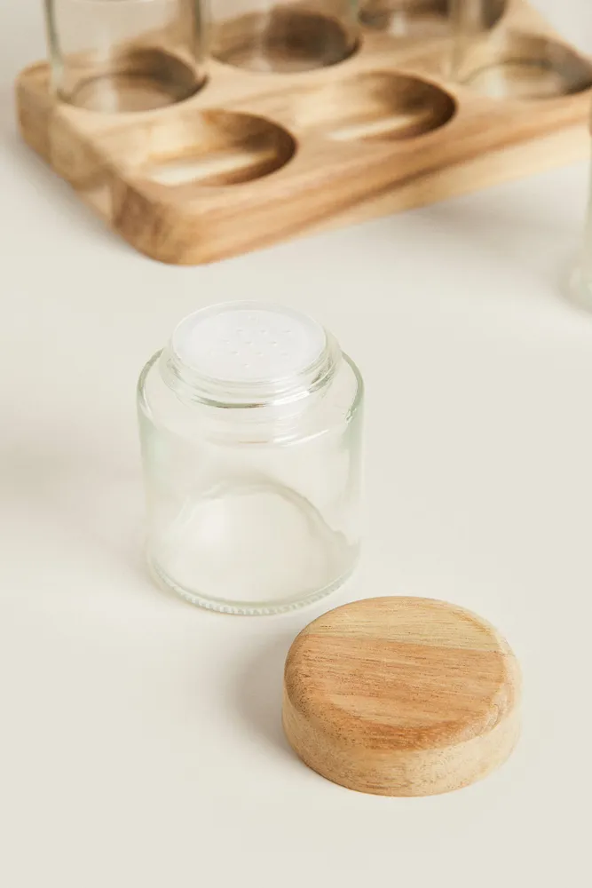 Zara RECTANGULAR BASE ACACIA WOOD SPICE JARS (SET OF 6)