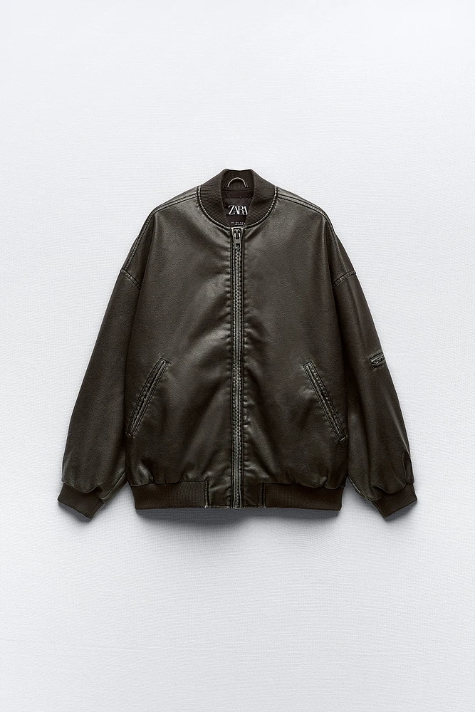 DISTRESSED FAUX LEATHER OVERSIZED BOMBER JACKET