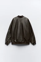 DISTRESSED FAUX LEATHER OVERSIZED BOMBER JACKET