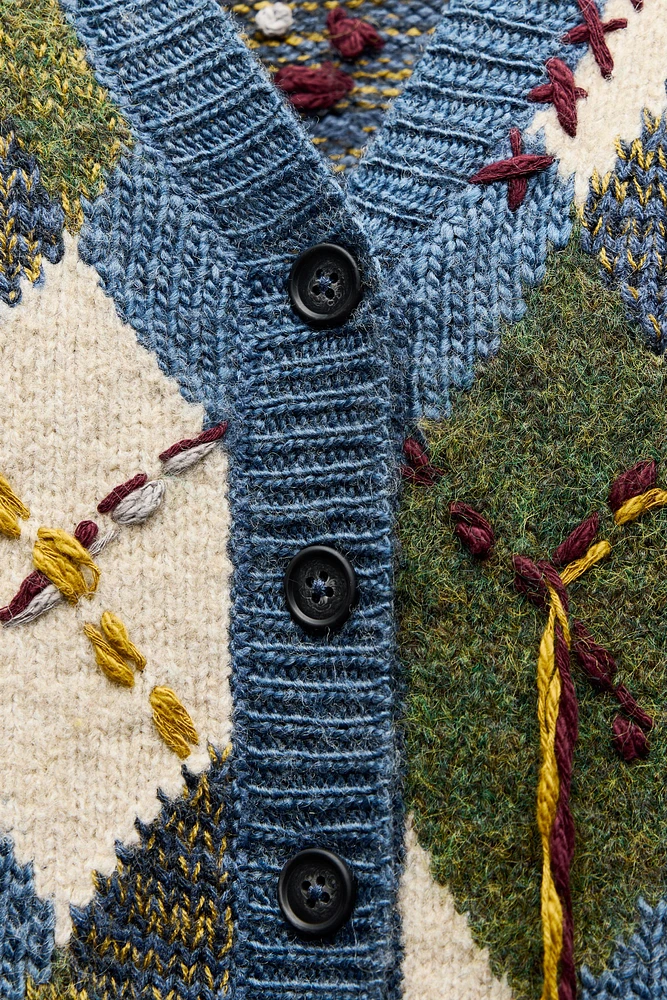 Cárdigan Zara Argyle Knit Jacquard Mujer Multicolor Print Cárdigan