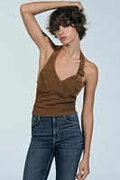 COATED EFFECT BUCKLE HALTER TOP