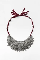 CONTRASTING FABRIC AND BOBBLE NECKLACE