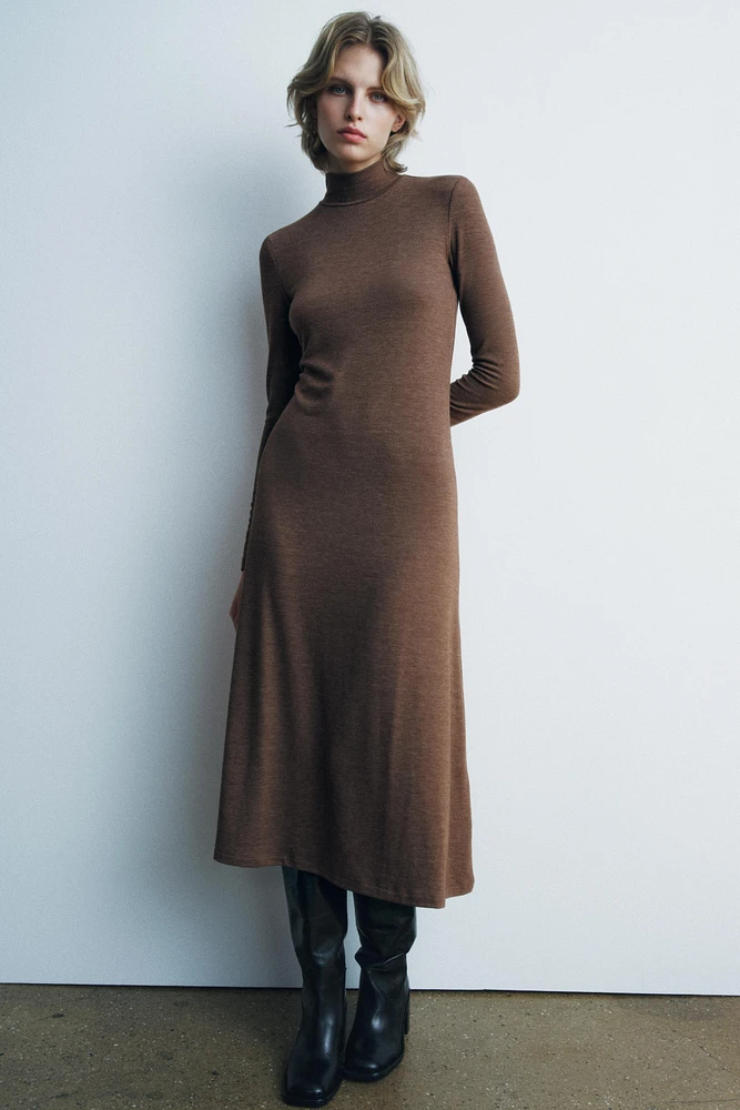 Midi turtleneck dress with long sleeves. A-line silhouette.