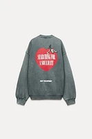 CUPID TEXT PRINT WASHED EFFECT SWEATSHIRT