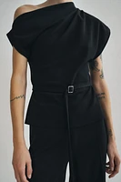 ASYMMETRIC NECKLINE BELTED TOP