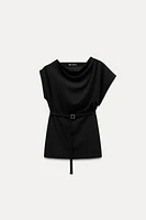 ASYMMETRIC NECKLINE BELTED TOP