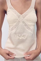 LACE TRIM SATIN EFFECT EMBROIDERED TOP