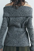 OFF THE SHOULDER BELTED KNIT SWEATER