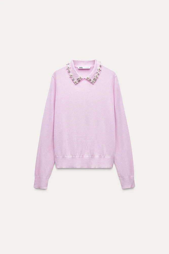 SHIRT COLLAR PEARL KNIT SWEATER