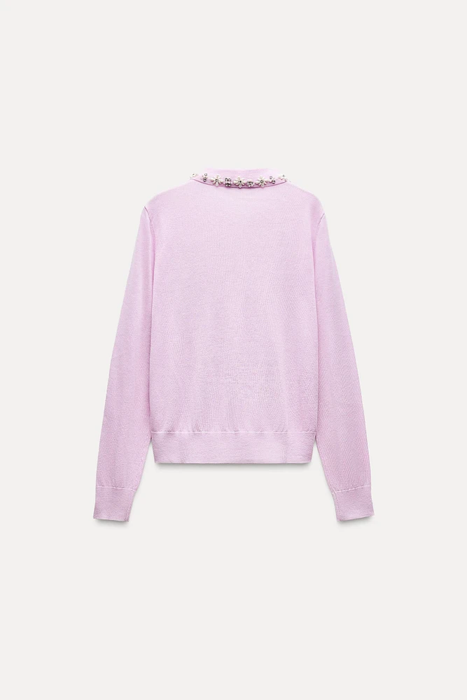 SHIRT COLLAR PEARL KNIT SWEATER