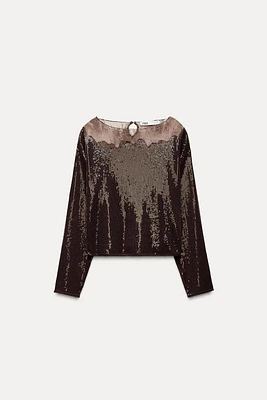 SEQUIN TOP WITH LACE TRIM