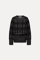 BELTED ARGYLE KNIT SWEATER