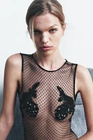 BEADED SEQUIN DOTTED MESH BODYSUIT