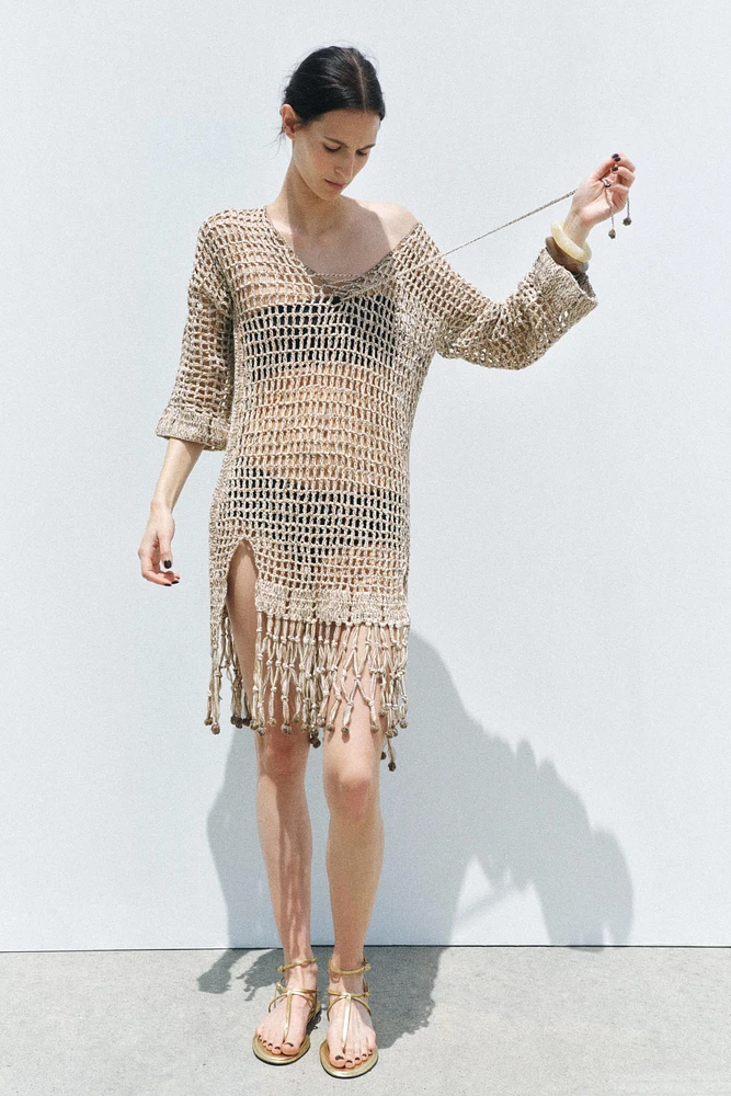 TASSELED CROCHET KAFTAN DRESS