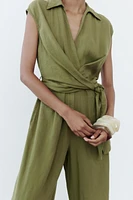 FULL CUT KNOTTED LINEN BLEND JUMPSUIT