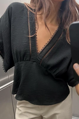 KIMONO TOP WITH LACE INSERTS