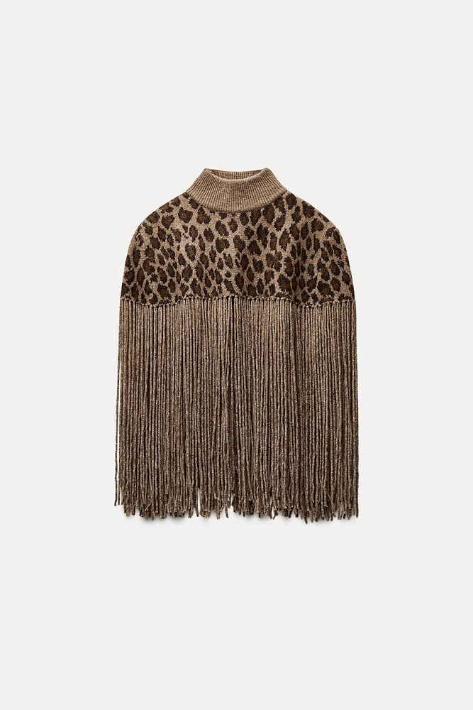 FRINGED ANIMAL PRINT CAPE