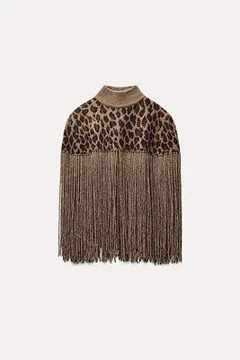 FRINGED ANIMAL PRINT CAPE