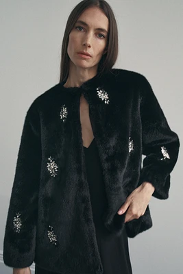 FAUX FUR JEWEL BEADING COAT