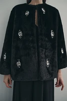 FAUX FUR JEWEL BEADING COAT