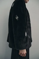 FAUX FUR JEWEL BEADING COAT