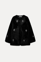 FAUX FUR JEWEL BEADING COAT