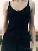 CHAIN TRIM RIBBED KNIT TOP