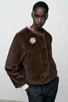 FAUX FUR BROOCH JACKET