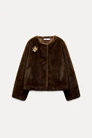 FAUX FUR BROOCH JACKET