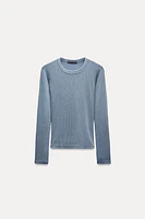 WASHED EFFECT RIBBED LONG SLEEVE T-SHIRT