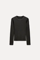 WASHED EFFECT RIBBED LONG SLEEVE T-SHIRT