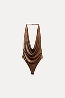 DRAPED FOIL HALTER BODYSUIT