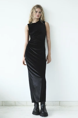 DRAPED VELVET MIDI DRESS