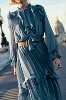 LONG BELTED RUFFLED DRESS