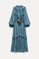 LONG BELTED RUFFLED DRESS