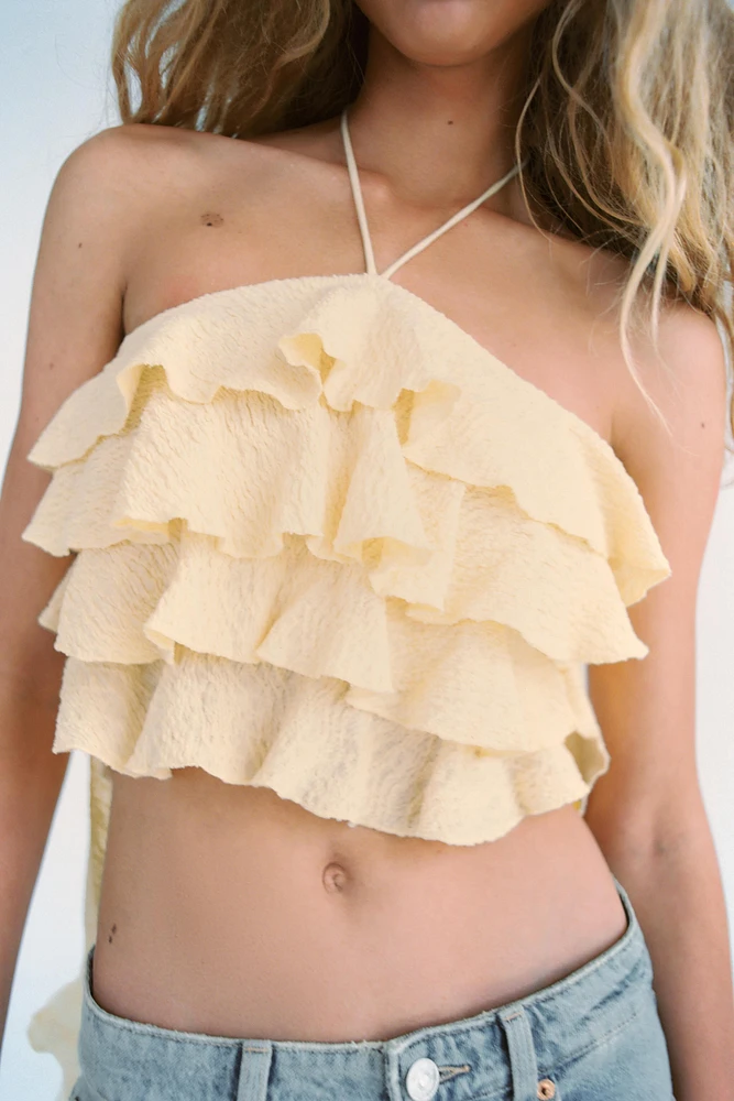 RUFFLED TEXTURED CROP HALTER TOP