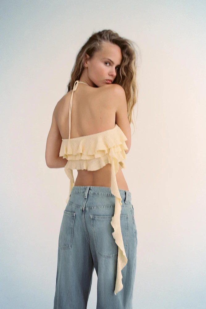 RUFFLED TEXTURED CROP HALTER TOP