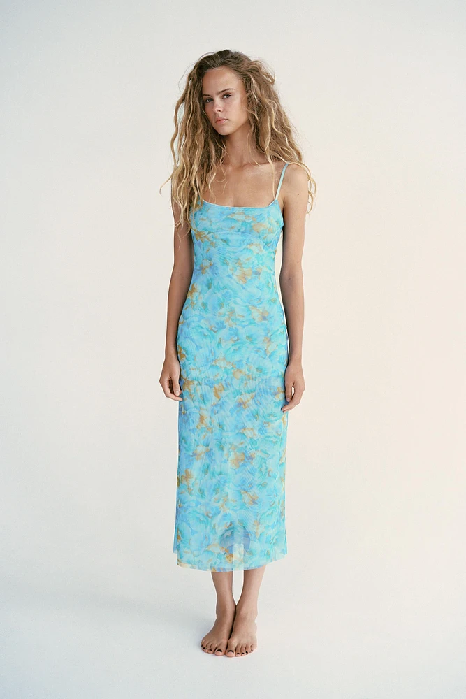 PRINTED TULLE MIDI DRESS