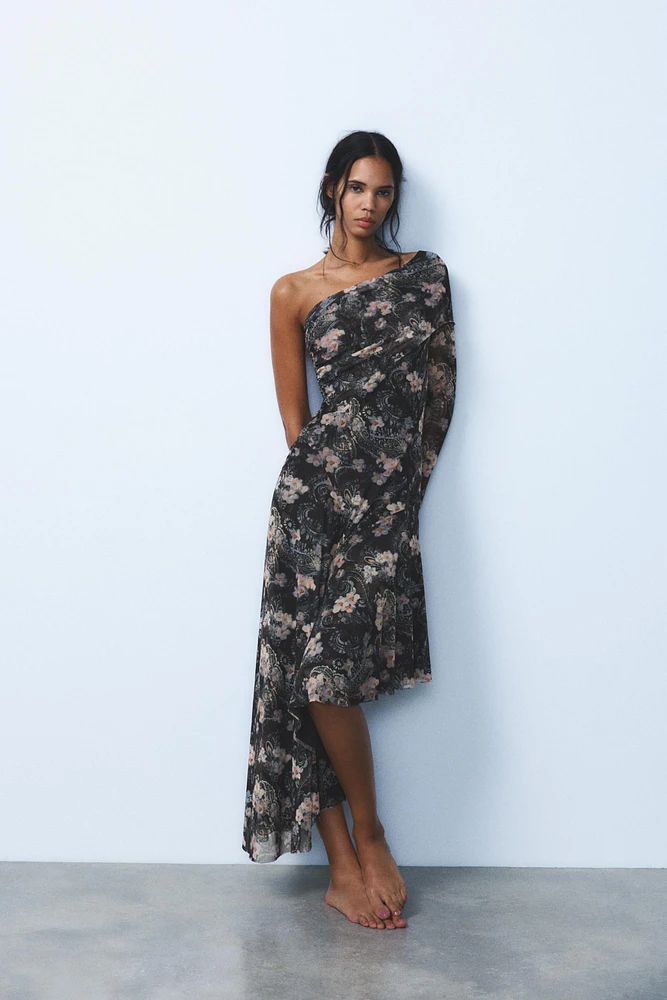 ASYMMETRIC PRINTED TULLE DRESS