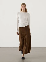 Suede leather midi skirt with seam details