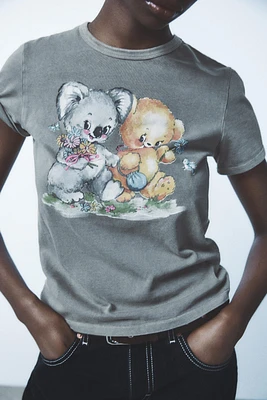 BEAR PRINT WASHED EFFECT T-SHIRT