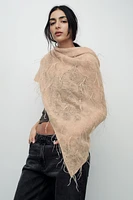 OPENWORK KNIT SCARF WITH FEATHERS