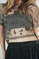 BEADED METALLIC THREAD MESH TOP