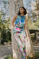 SATIN EFFECT TROPICAL PRINT PANTS